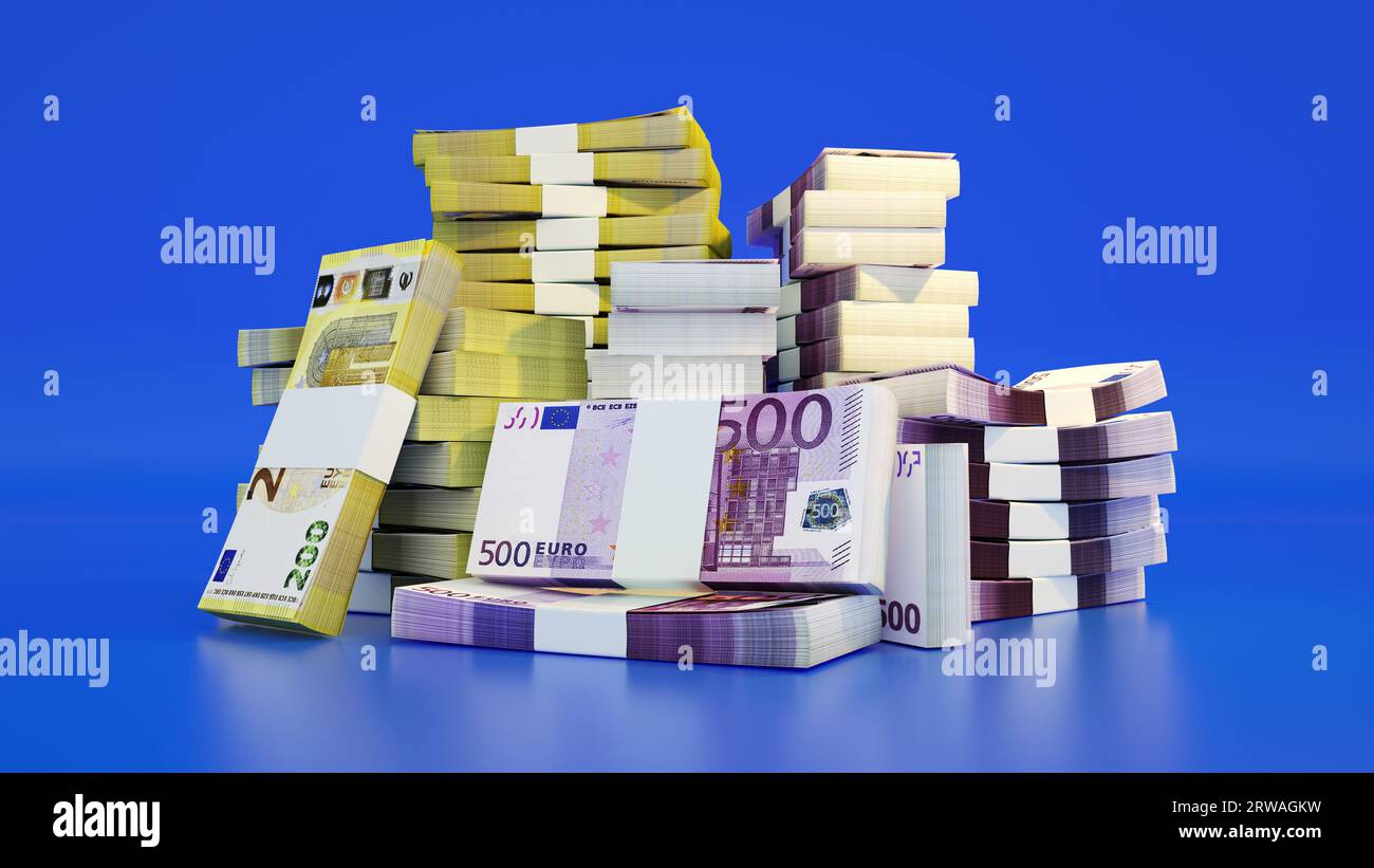 Stapel Euro-Banknoten. Eine Menge Geld isoliert auf blauem Hintergrund. 3D-Rendering von Bargeldbündeln Stockfoto