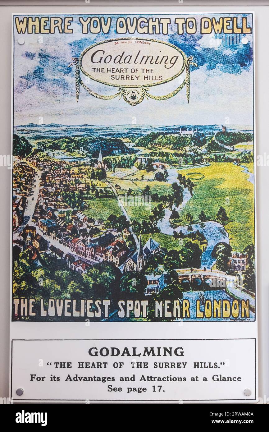 Vintage-Plakatwerbung für Godalming, das Herz der Surrey Hills, als der schönste Ort in der Nähe von London Stockfoto