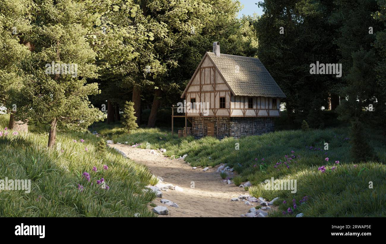 Einsames mittelalterliches Haus in Wäldern in der Nähe von Wanderwegen, umgeben von Bäumen, Kiefern und Tannen, Landschaft. 3D-Rendering Stockfoto