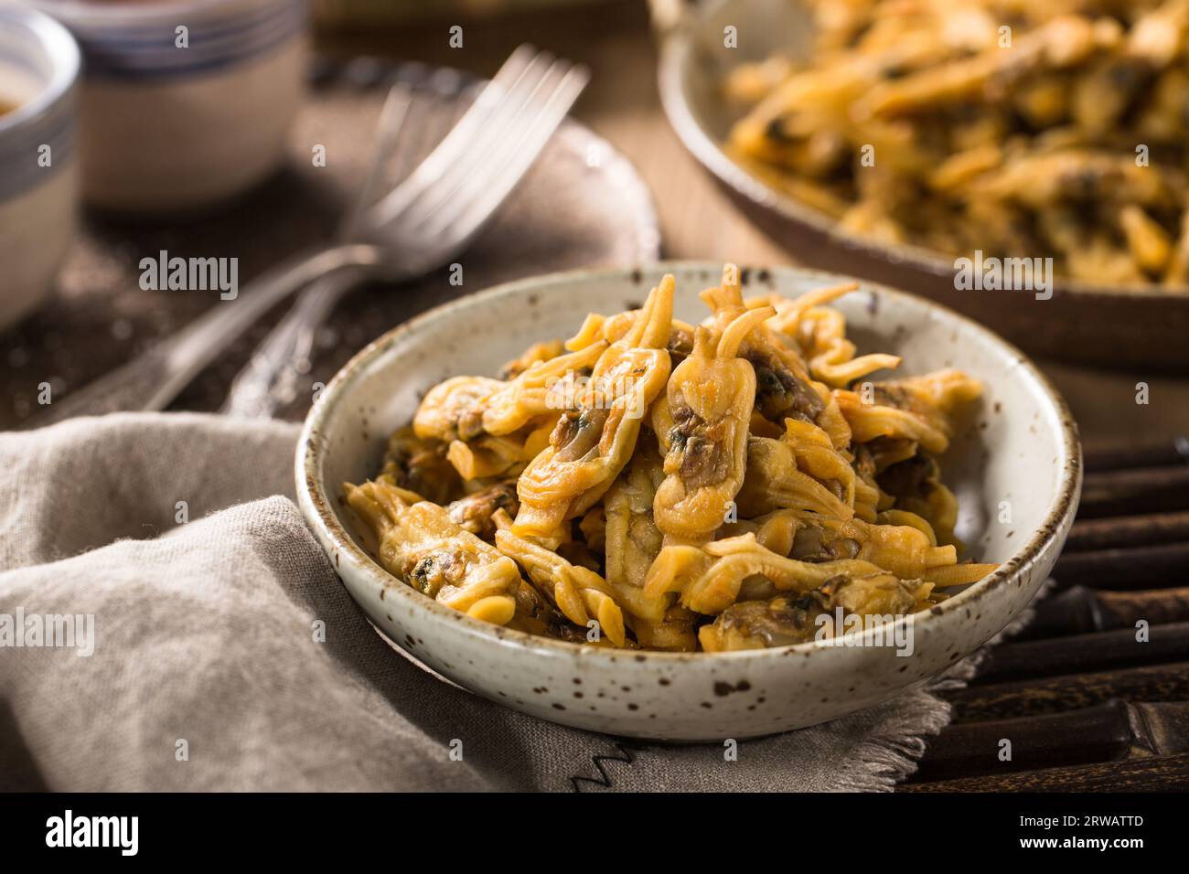 Trockenmuschel, Muscheln, Muscheln, Muscheln, Muschelfleisch, Meeresalgen, Meeresfrüchte, Meeresfrüchte, getrocknete Muscheln, Stockfoto