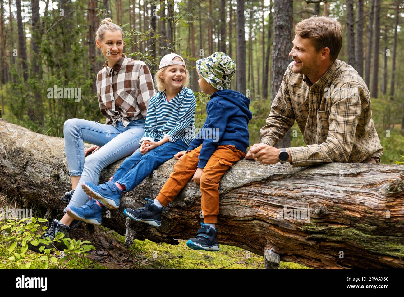 Glückliche Familie mit Kindern, die nach einem Spaziergang im Wald auf umgestürzten Bäumen sitzen und sich ausruhen. Outdoor-Aktivitäten, Naturabenteuer Stockfoto