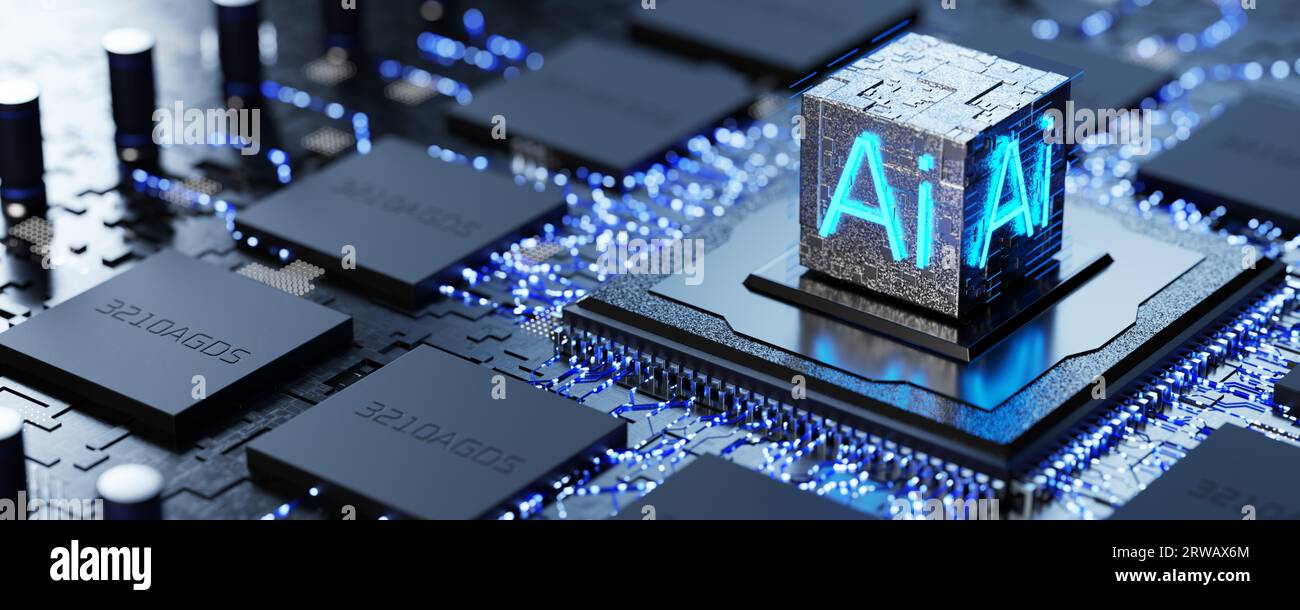 Ausbildung eines neuronalen Netzwerks. Konzept der künstlichen Intelligenz. Künstliches Intelligenztraining. Neurochip. Neuro-Schnittstelle. Künstliche Intelligenz Mikr Stockfoto