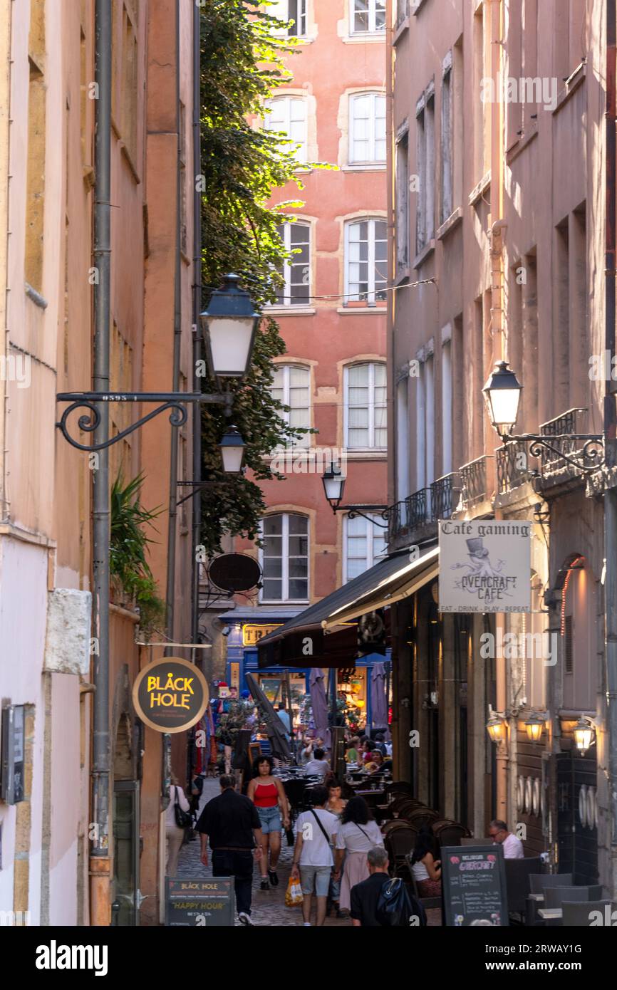 Rue de la Baleine, Vieux Lyon, Frankreich. Stockfoto