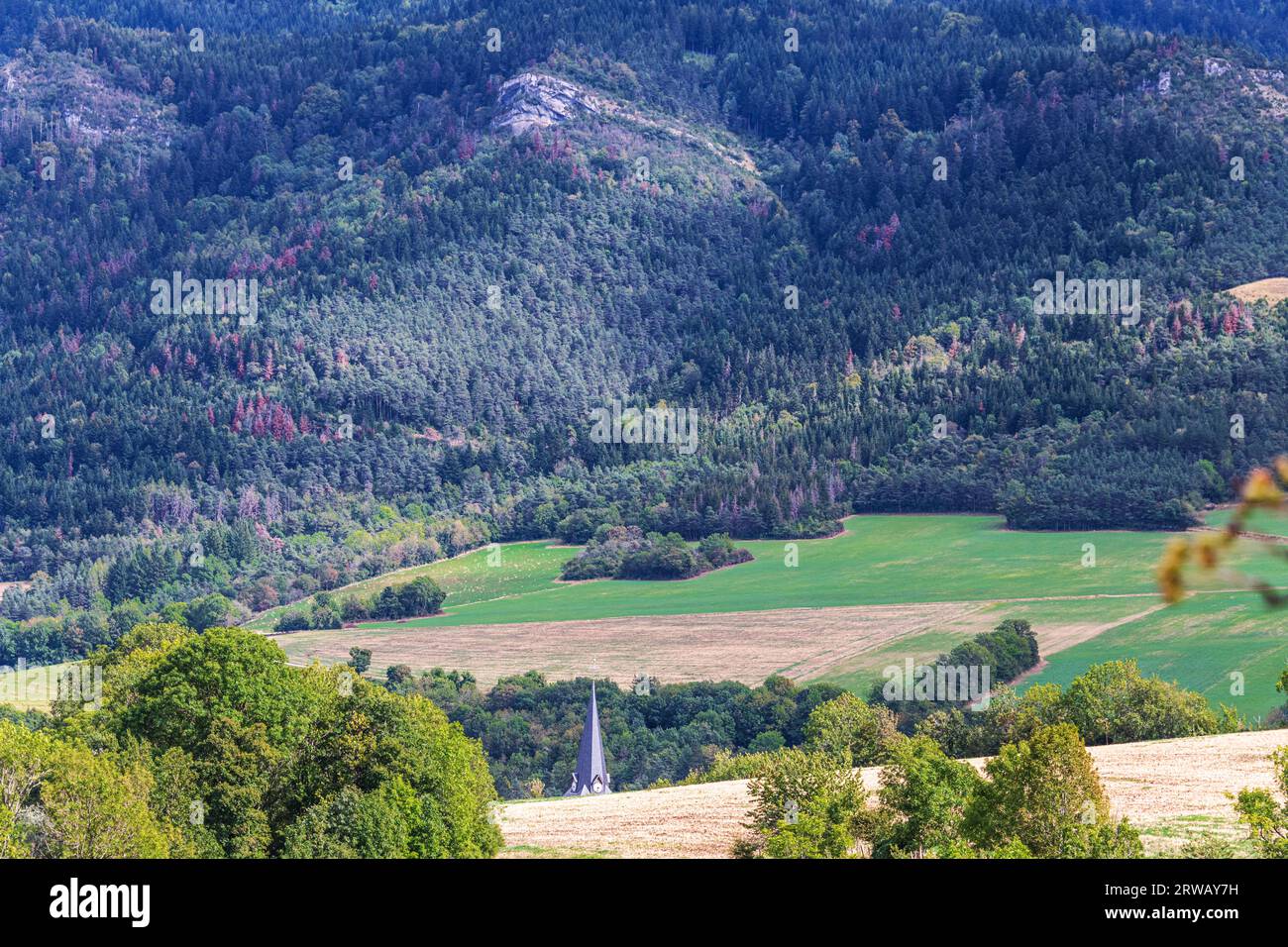 Der Kirchturm der Lalley-Kirche in der Region Auvergen Rhone Alpes in Frankreich. Stockfoto