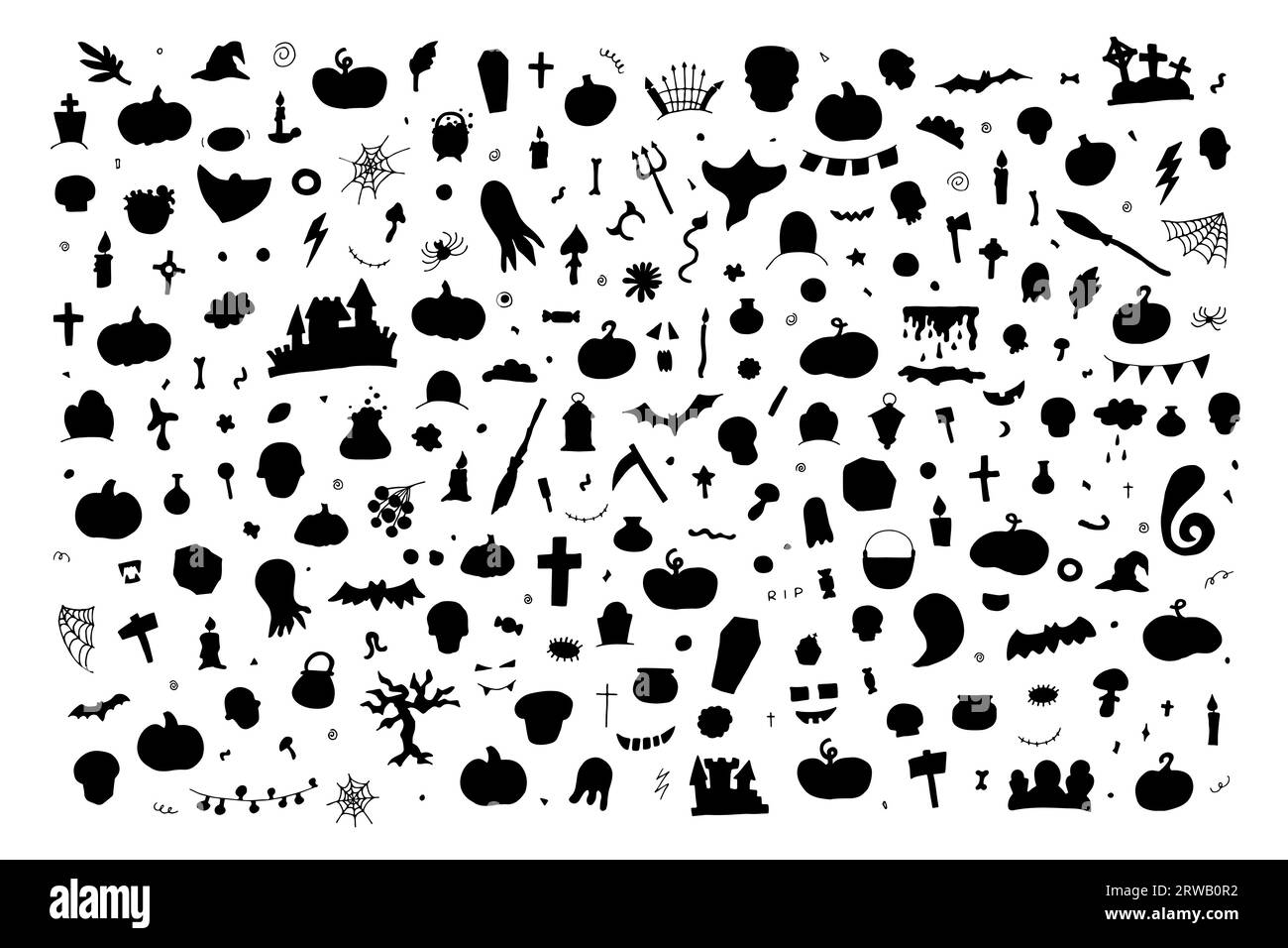 Doodle Halloween Silhouette Set. Handgezeichneter HerbstKürbis, Grab, Geist, Kreuz, Auge auf weißem Hintergrund. Niedliches Gruselbanner für die Herbstferien, Stock Vektor