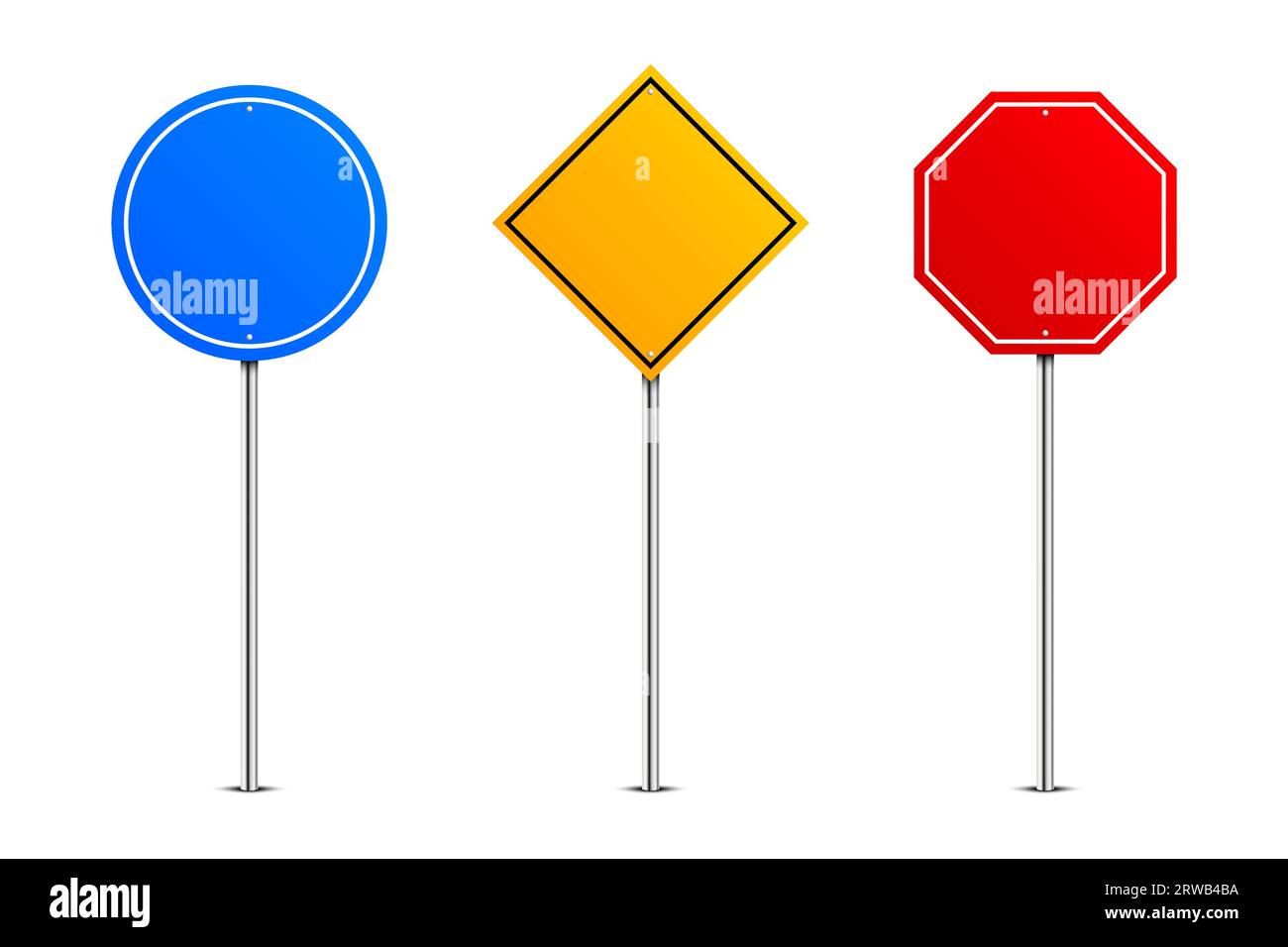 Straßenschilder. Blaue, gelbe und rote Bretter mit unterschiedlicher Form auf Metallpfosten. Vektorillustration Stock Vektor