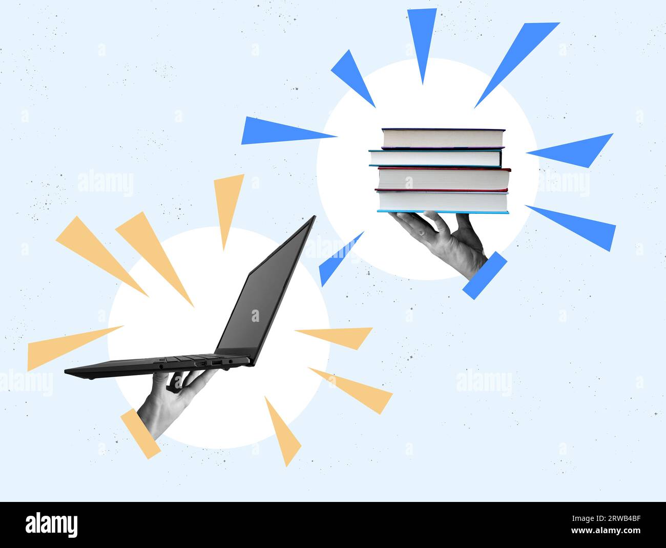 Moderne Collage mit Händen, die Laptop und Bücher halten. Online-Schulungskonzept. Stockfoto