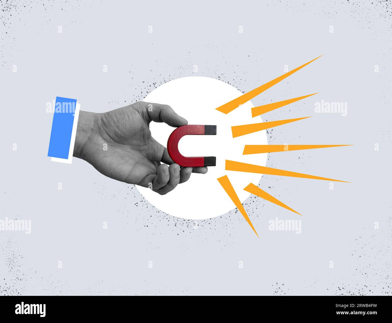 Collage mit der Hand, die einen Magneten hält. Kundenakquise. Stockfoto