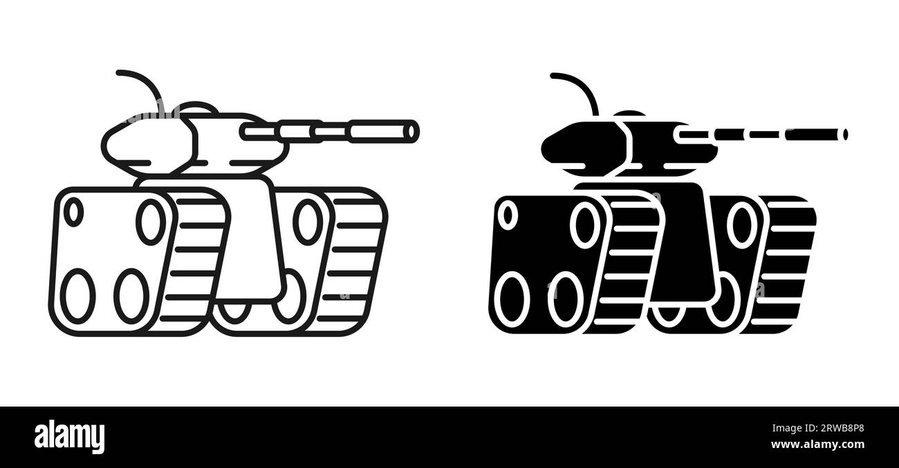 Lineares Symbol, Kampfpanzer mit langem Lauf zum Abfeuern von Geschossen auf den Feind. Schwere Artilleriegeräte. Einfache Schwarzweiß-Vektorisolierung Stock Vektor