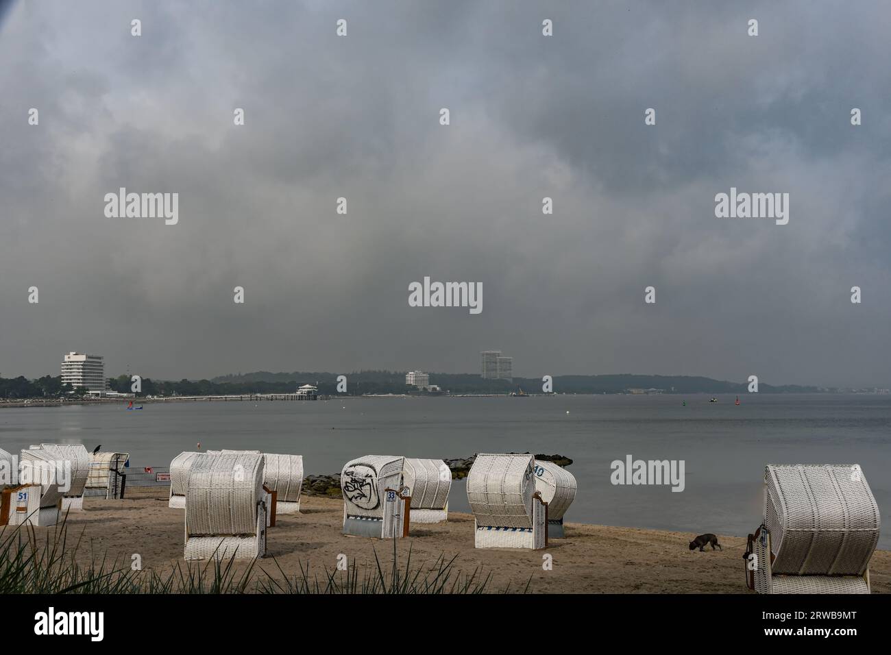 Weiße Strandkörbe feiner Strandsand, Ostsee. Dahinter schweift der Blick an der Küste entlang. So idyllisch ist es am Hundestrand Niendorf Stockfoto