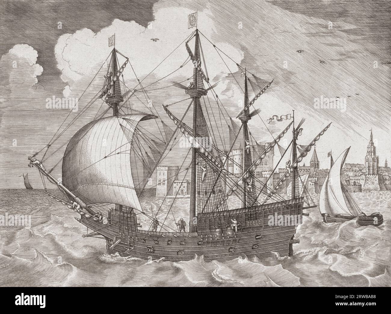 Ein viermastiges Segelschiff verlässt den Hafen. Aus einem Stich von Frans Huys aus dem späten 16. Jahrhundert. Stockfoto