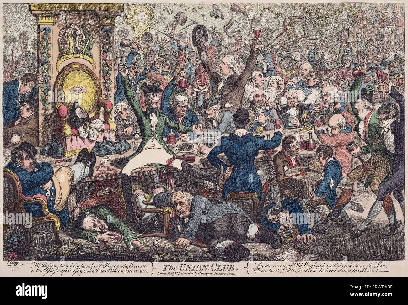 Der Union Club. Eine Satire von James Gillray aus dem Jahr 1801 über die Auswirkungen der Akte der Union 1800, als die Parlamente Großbritanniens und Irlands zum Parlament des Vereinigten Königreichs zusammenschlossen. Die Scheinbonhomie im Vordergrund zwischen verschiedenen politischen Figuren steht im Kontrast zu der Schlägerei im Hintergrund. Stockfoto