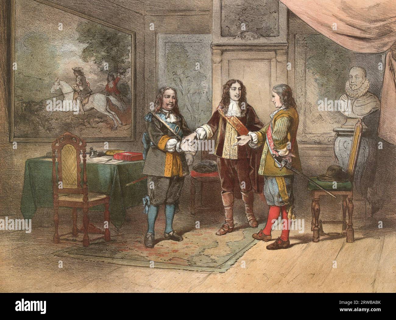 1673 nutzt Prinz Willem III. Von Orange seinen Einfluss, um Admiral Michiel de Ruyter und Admiral Cornelis Tromp nach verschiedenen Anschuldigungen zu versöhnen. William III., 1650–1702, auch bekannt als William of Orange. Nach einem Werk des 19. Jahrhunderts. Stockfoto