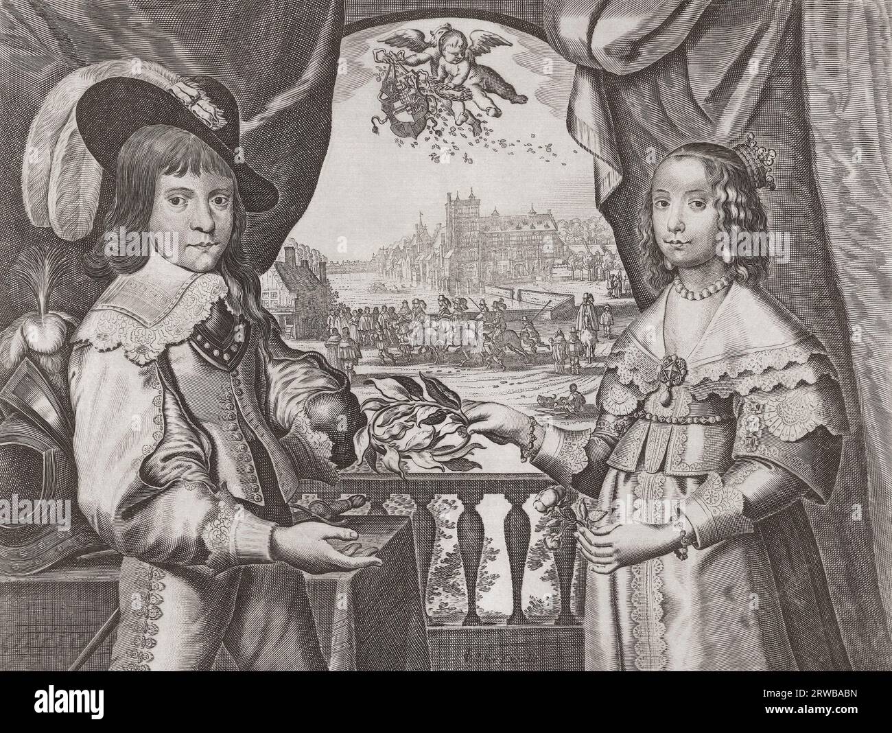Wilhelm II., Prinz von Orange, und seine Braut Mary Stuart, die älteste Tochter von König Karl I. von England. Zum Zeitpunkt ihrer Ehe war William 14 und Mary 9 Jahre alt. Von einem Druck eines unbekannten Künstlers. Stockfoto