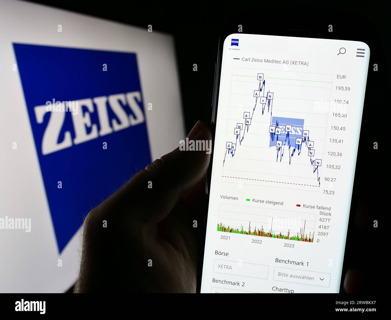 Person mit Mobiltelefon mit Website des Medizintechnikunternehmens Carl Zeiss Meditec AG auf dem Bildschirm mit Logo. Konzentrieren Sie sich auf die Mitte der Telefonanzeige. Stockfoto