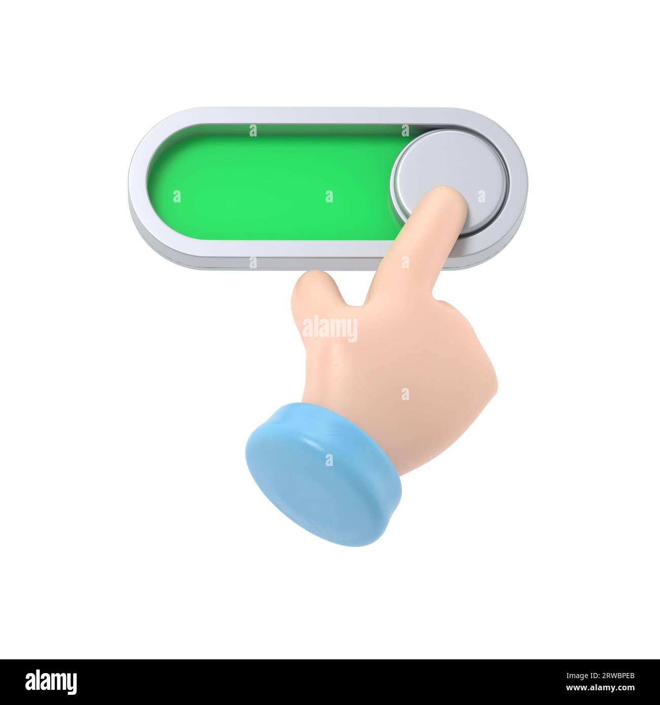 Zeichentrickfigur Symbol Mockup.3d Rendering, Zeichentrickfigur Hand Aktivieren der Schaltfläche, Schieberegler Symbol.3D Rendering auf weißem Hintergrund. Stockfoto