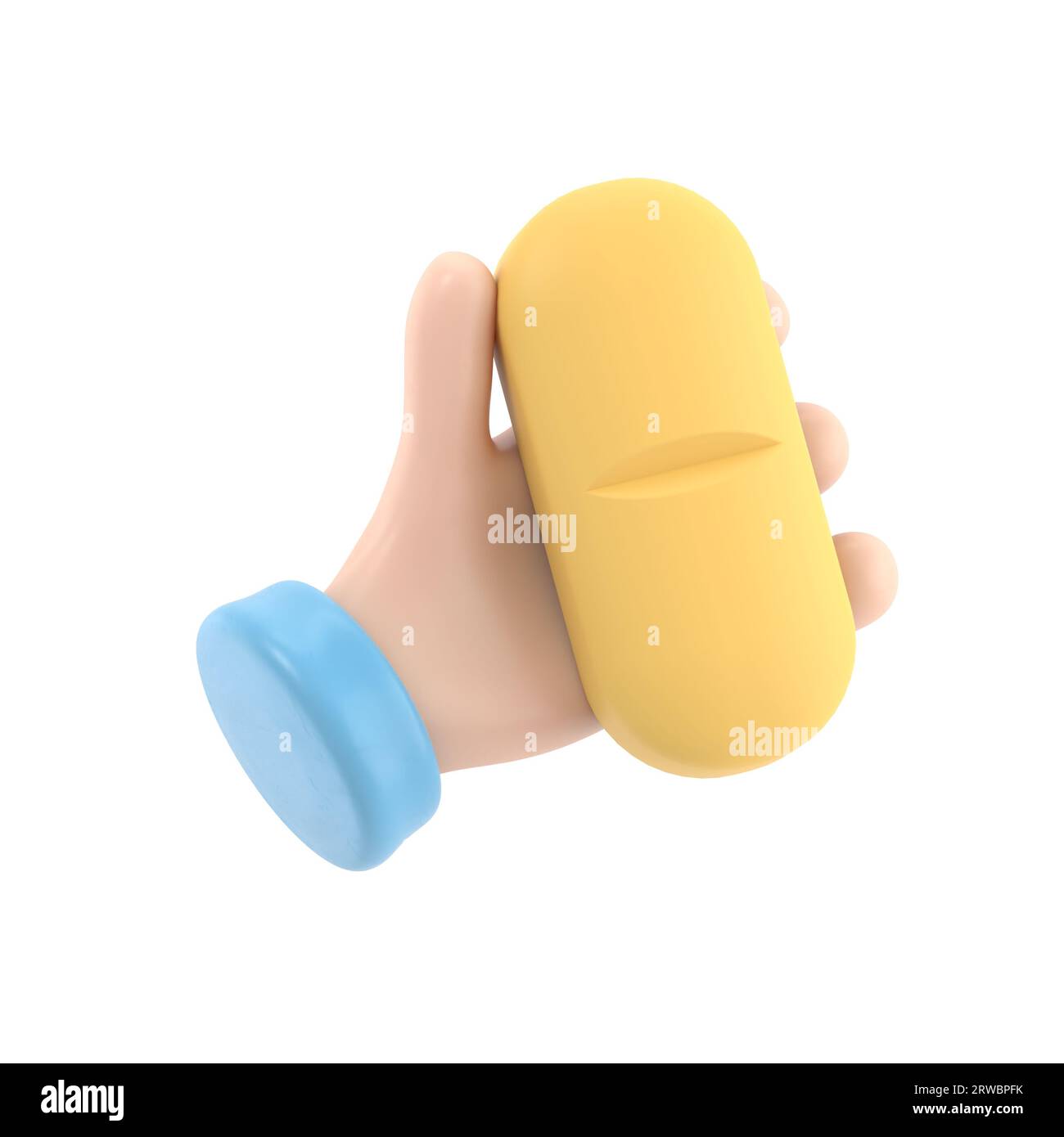 3D-Rendering. Doktor oder Apotheker Cartoon Hand hält große blaue Pille. Medizinisches Symbol, Healthcare Illustration. Pharmazeutischer Clip Art. 3D-Rendering auf weiß Stockfoto
