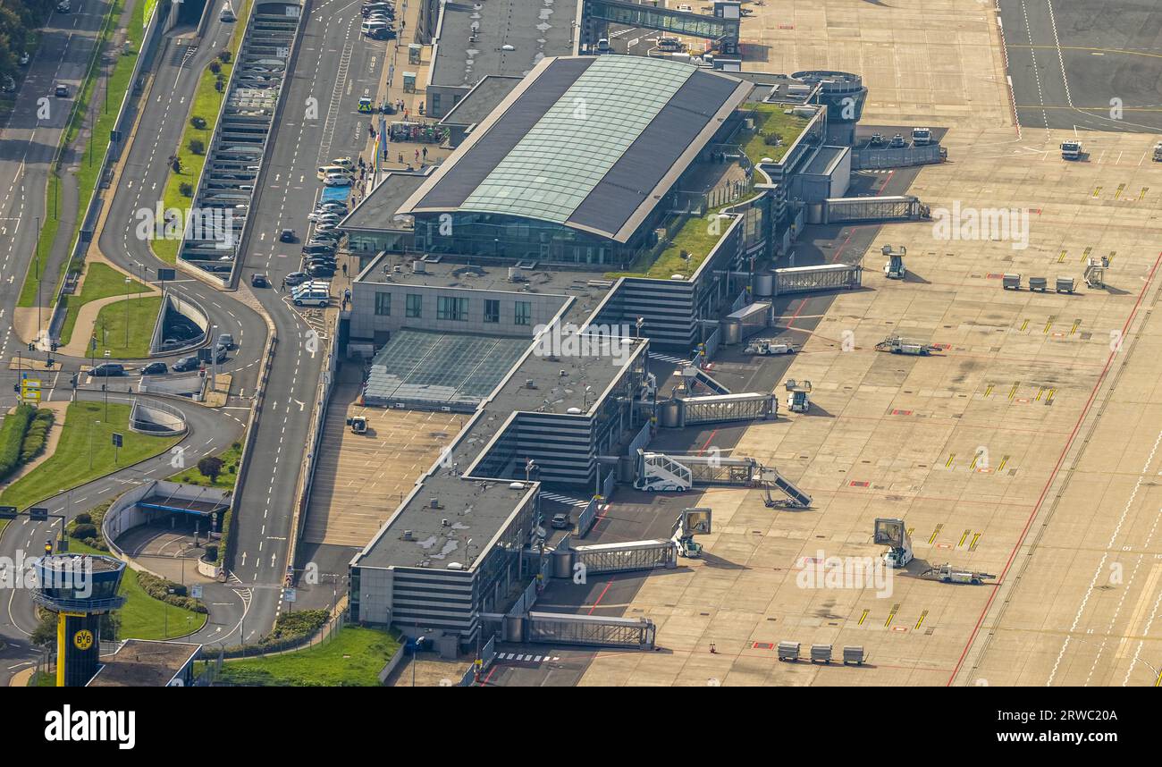 Luftaufnahme, Flughafen Dortmund mit Terminal, Wickede, Dortmund, Ruhrgebiet, Nordrhein-Westfalen, Deutschland, DE, Europa, Flugmission, Flughafen, Klimaanlage Stockfoto