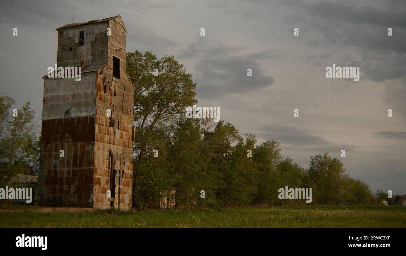 Baufällige Getreidemühle im Frühjahrsweiden mit bedrohlichem Himmel. Stockfoto