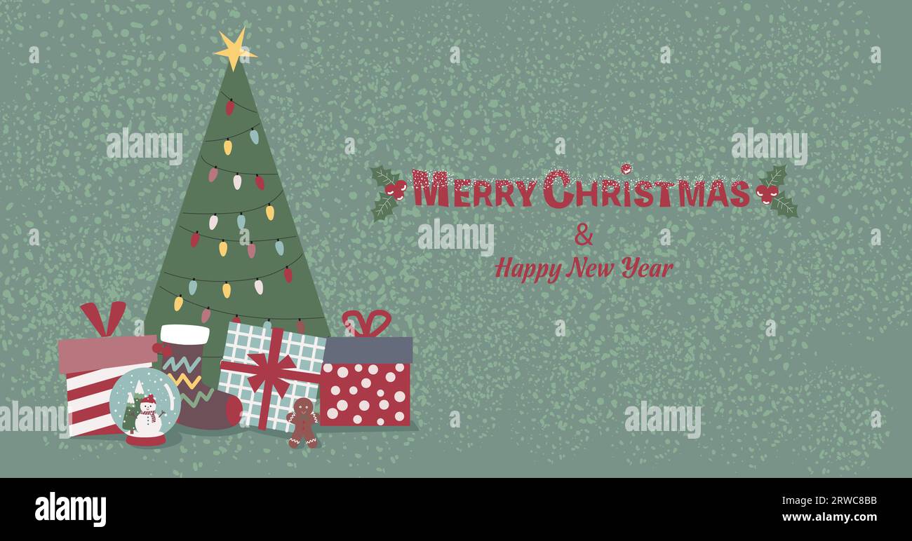 Süße Weihnachtsgrüßkarte mit einem Weihnachtsbaum und Geschenken auf einem strukturierten grünen Hintergrund Stock Vektor