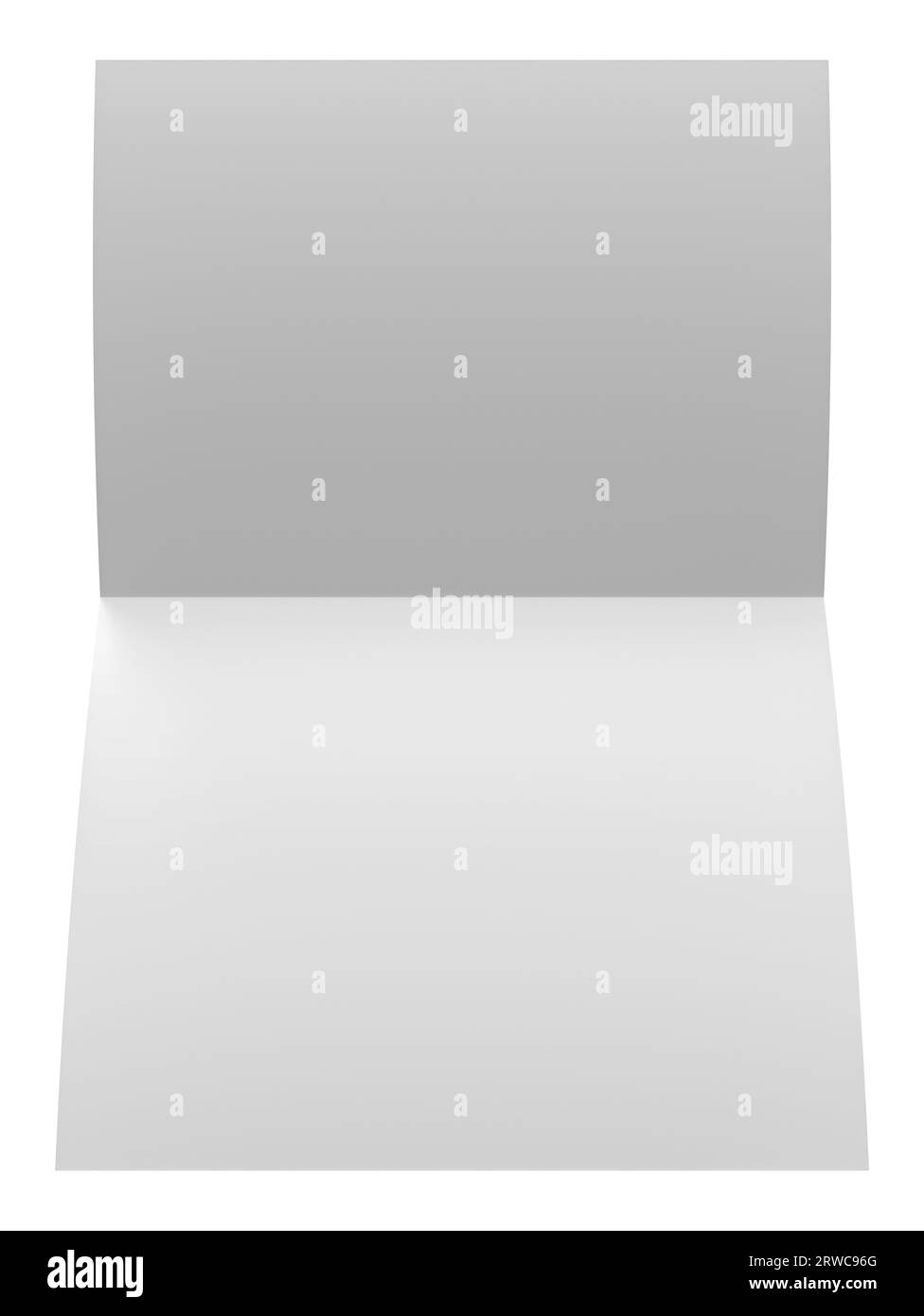 Leere Hintergrundkarte mit einem halben leeren Blatt Papier, isoliert auf weiß, gebogen Stockfoto