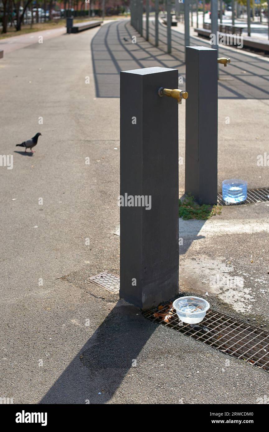 Öffentlicher Brunnen im Park mit Wasserbehältern, um den Durst aller Tiere zu stillen, die vorbeikommen, um zu trinken. Stockfoto