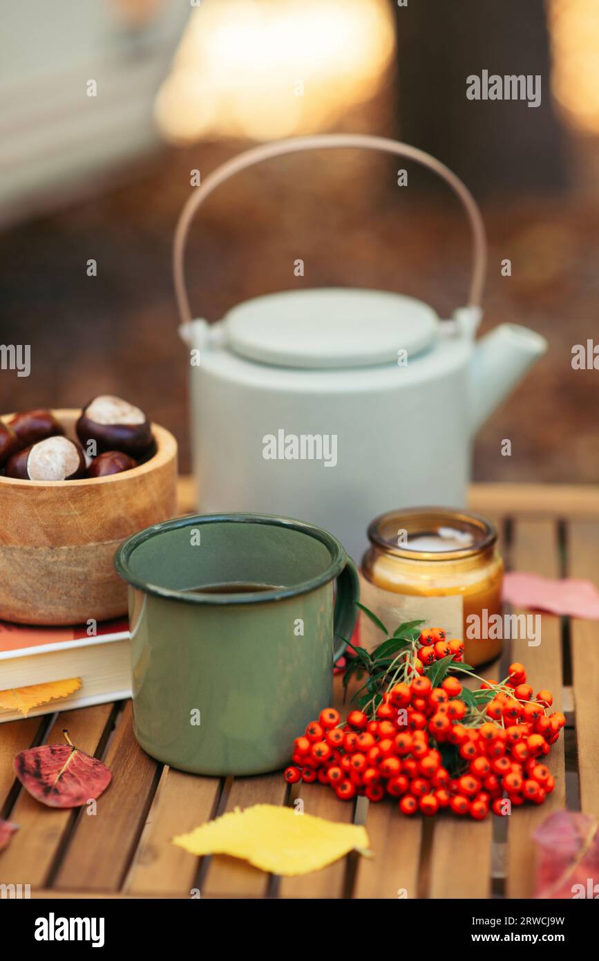 Eine Tasse Tee oder Kaffee und ein Buch auf einem Holztisch vor dem Hintergrund von gefallenen Blättern, Herbstsaison, Stillleben mit Blättern, ein Buch und Viburnu Stockfoto