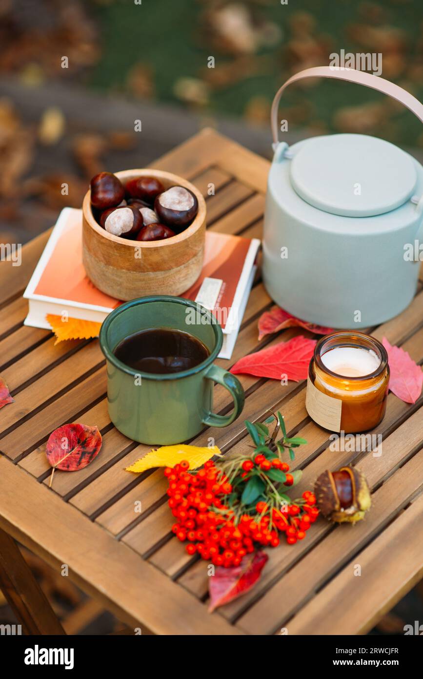 Eine Tasse Tee oder Kaffee und ein Buch auf einem Holztisch vor dem Hintergrund von gefallenen Blättern, Herbstsaison, Stillleben mit Blättern, ein Buch und Viburnu Stockfoto