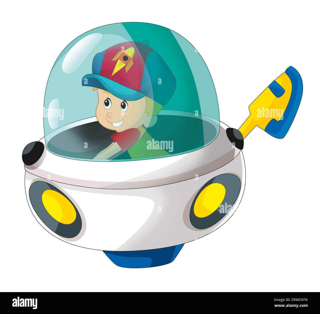 Zeichentrickkind auf einem Spielzeugspielzeugplatz, einem Raumschiff, einem Vergnügungspark oder einem Spielplatz, isolierte Illustration für Kinder Stockfoto