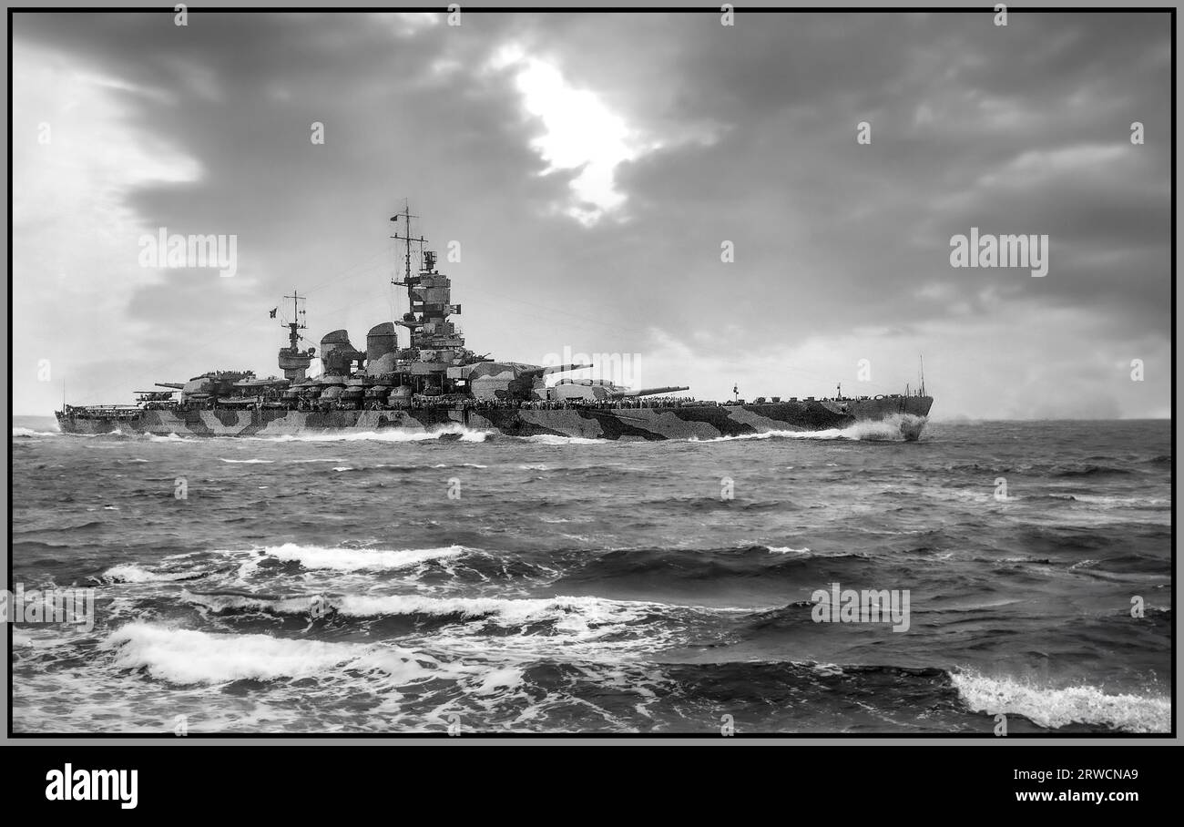 Vittorio Veneto Schlachtschiff 1940 WW2 italienisches Schlachtschiff der Littorio-Klasse. Royal Italian Navy. Vittorio Veneto war das zweite Mitglied des Schlachtschiffs der Littorio-Klasse, das während des Zweiten Weltkriegs in der italienischen Regia Marina (Royal Navy) diente Der Kiel wurde im Oktober 1934 festgelegt, im Juli 1937 gestartet und im August 1940 für den Einsatz in der italienischen Flotte vorbereitet. Benannt wurde sie nach dem italienischen Sieg in Vittorio Veneto während des Ersten Weltkriegs Nach dem Krieg wurde sie Großbritannien als Kriegspreis zugeteilt und anschließend für Schrott aufgelöst. Stockfoto