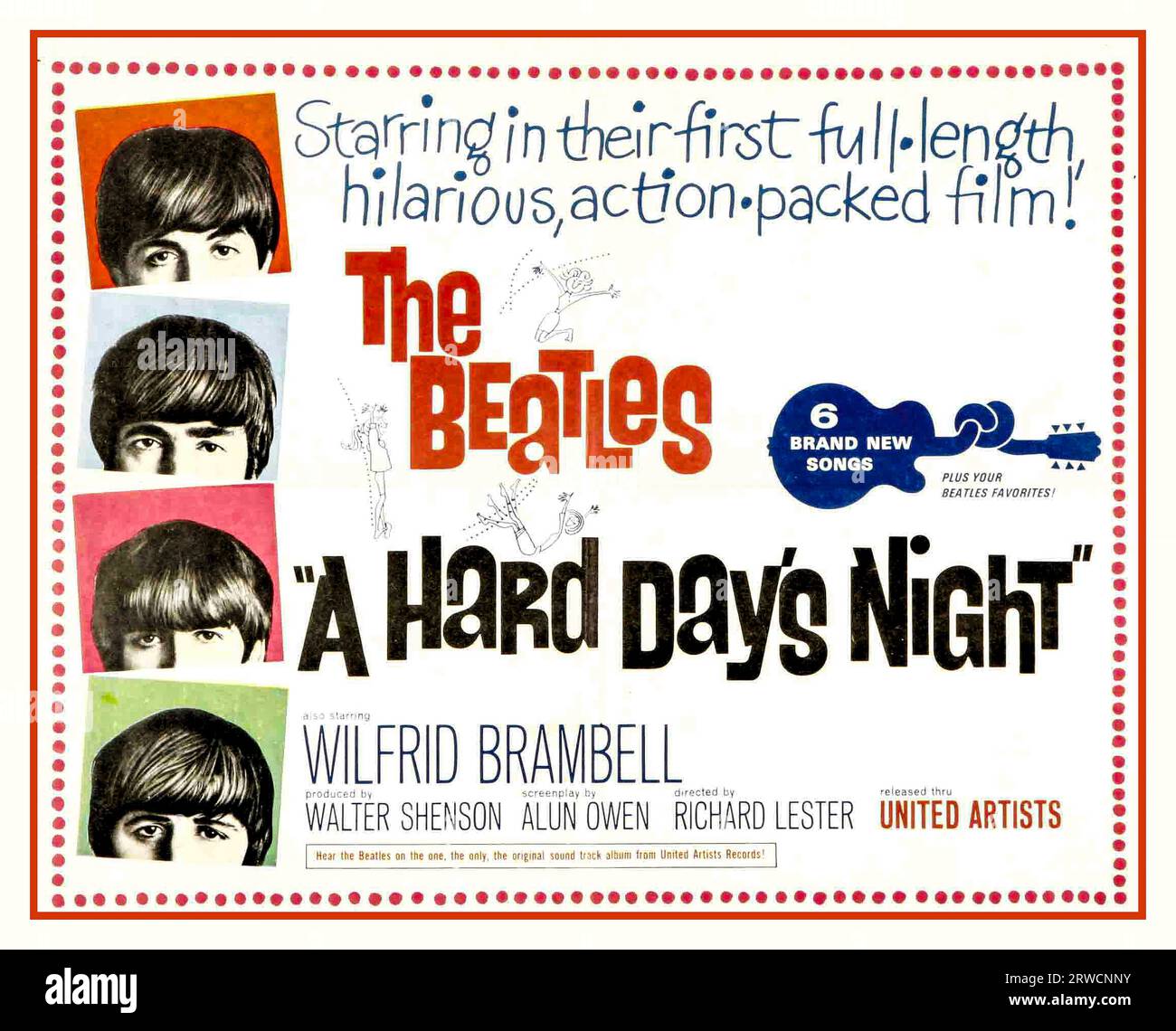 1960s The Beatles Vintage Movie Poster „A HARD DAYS NIGHT“ A Hard Day's Night ist eine Komödie aus dem Jahr 1964, die von Richard Lester unter der Regie von John Lester gedreht wurde und in der die englische Rockband The Beatles – John Lennon, Paul McCartney, George Harrison und Ringo Starr – auf dem Höhepunkt von Beatlemania zu sehen ist. Es wurde von Alun Owen geschrieben und ursprünglich von United Artists veröffentlicht. Der Film zeigt 36 Stunden im Leben der Gruppe, während sie sich auf eine Fernsehvorstellung vorbereiten. Der Film war ein finanzieller und kritischer Erfolg und wurde für zwei Academy Awards nominiert, darunter Best Original Screenplay. Stockfoto