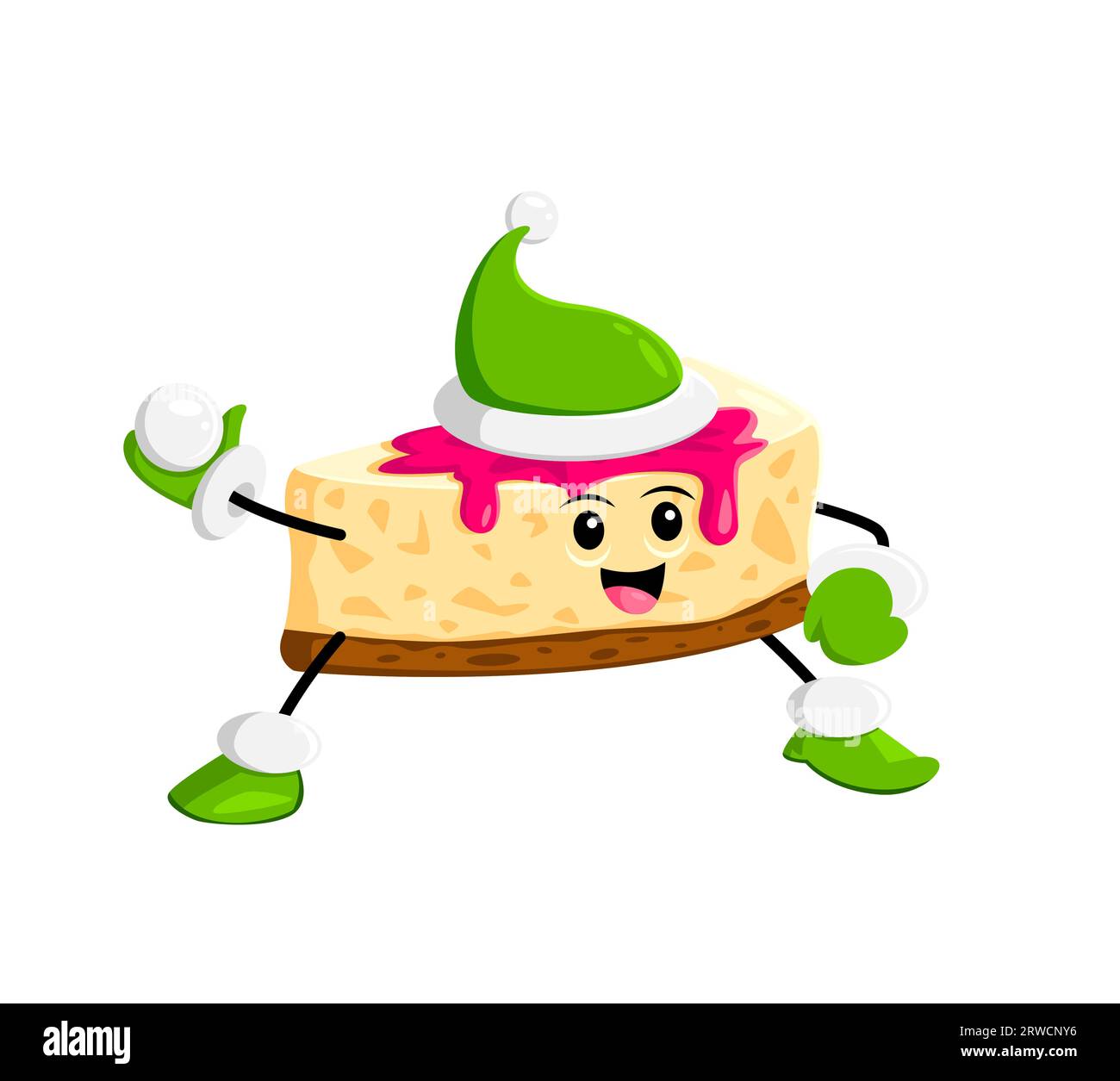 Cartoon Fast Food Käsekuchen Weihnachtsfigur spielt Schneebälle. Weihnachten oder Happy New Year Feiertagsfeier, Winterferien Vektor lustige Persönlichkeit des süßen Desserts, Käsekuchen im Elfenhut Stock Vektor