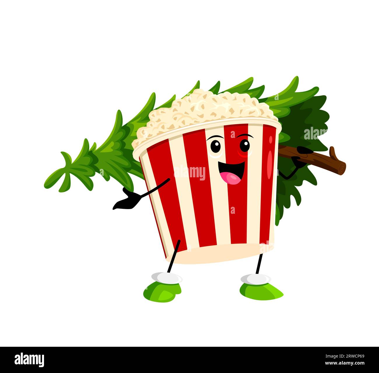 Cartoon Fast Food Popcorn Eimer Charakter mit Weihnachtskiefer. Frohe Weihnachtsfeiertage Fast Food Snack lustige Persönlichkeit, Neujahrsgrüße oder Weihnachtsfeier isolierter Vektor niedlicher Charakter Stock Vektor