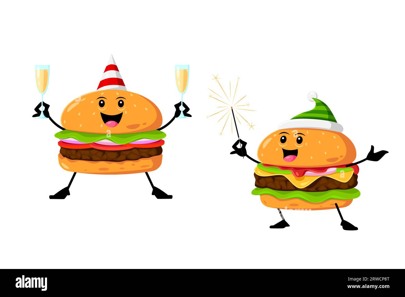 Cartoon Fast Food Cheeseburger und Hamburger Weihnachtsfiguren. Weihnachtsfeiertage, Neujahrsfeier oder frohe Weihnachten festliche, isolierte Vektor-Fast-Food-Persönlichkeiten mit Sparkler und Champagner Stock Vektor