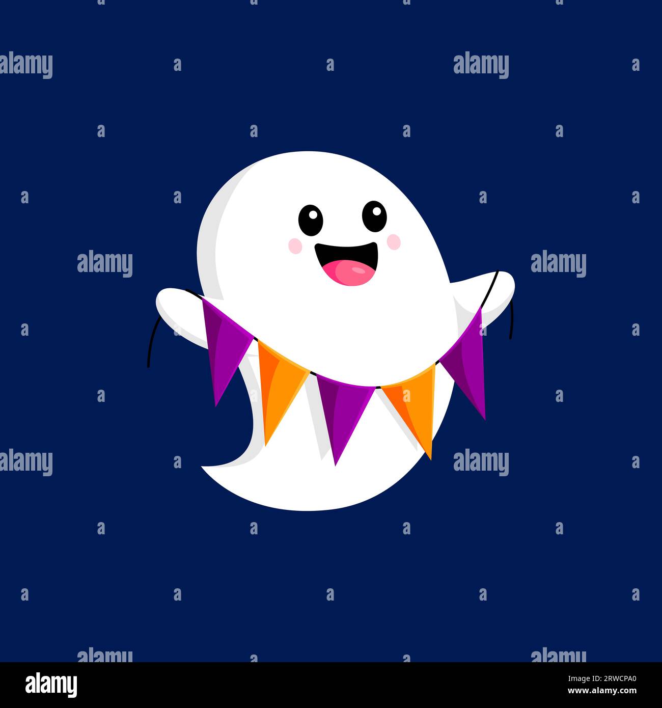 Cartoon Halloween-Kawaii-Geisterfigur mit festlicher Flaggengirlande. Isolierte, süße und bezaubernde Persönlichkeit verleiht dem Urlaub eine charmante und gruselige Note und schafft eine skurrile saisonale Atmosphäre Stock Vektor