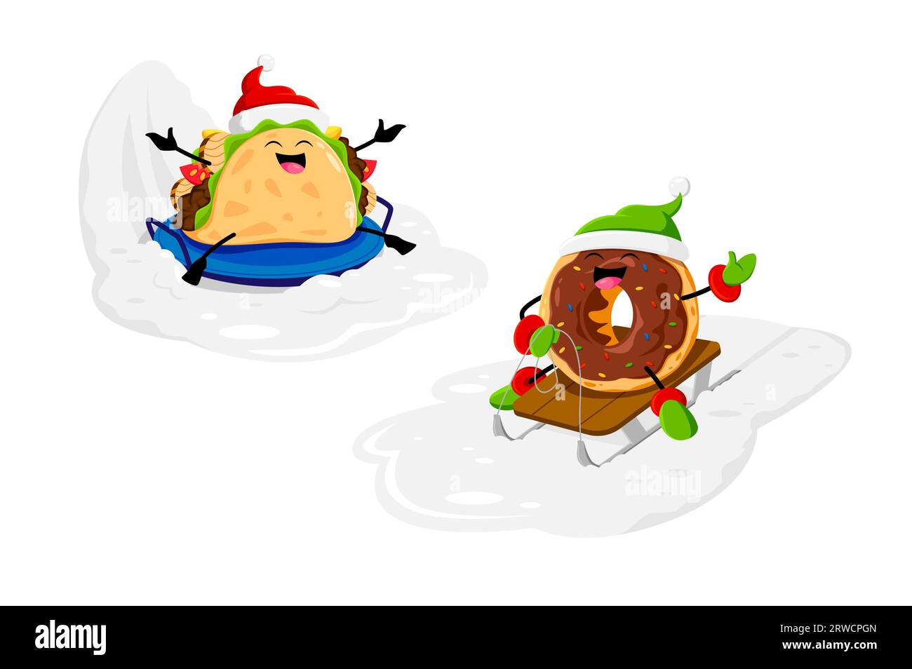 Cartoon-Fastfood-Tacos und Donut-Weihnachtsfiguren, die auf Schnee reiten. Straßencafé-Mahlzeiten Weihnachtsfeier lustige Persönlichkeiten, Imbiss oder mexikanisches Fast Food, niedliche Charaktere in den Winterferien Stock Vektor