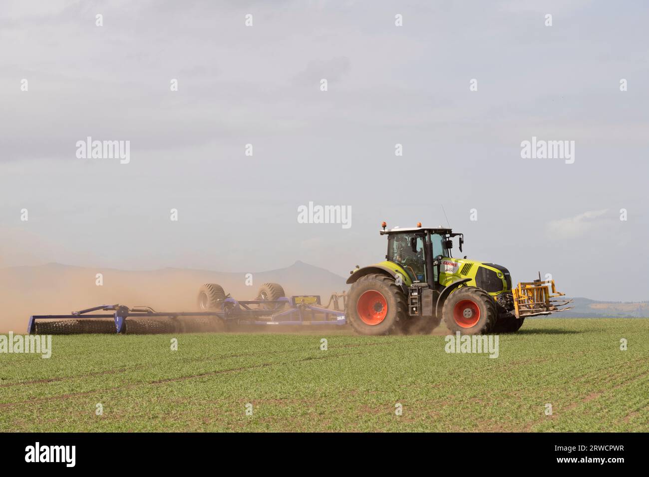 Ein Traktor Claas Axion 850, der bei trockenem Wetter in Aberdeenshire mit Blick auf Bennachie eine Dalbo Powerroll 1530 über ein Feld der Frühjahrsgerste schleppt Stockfoto