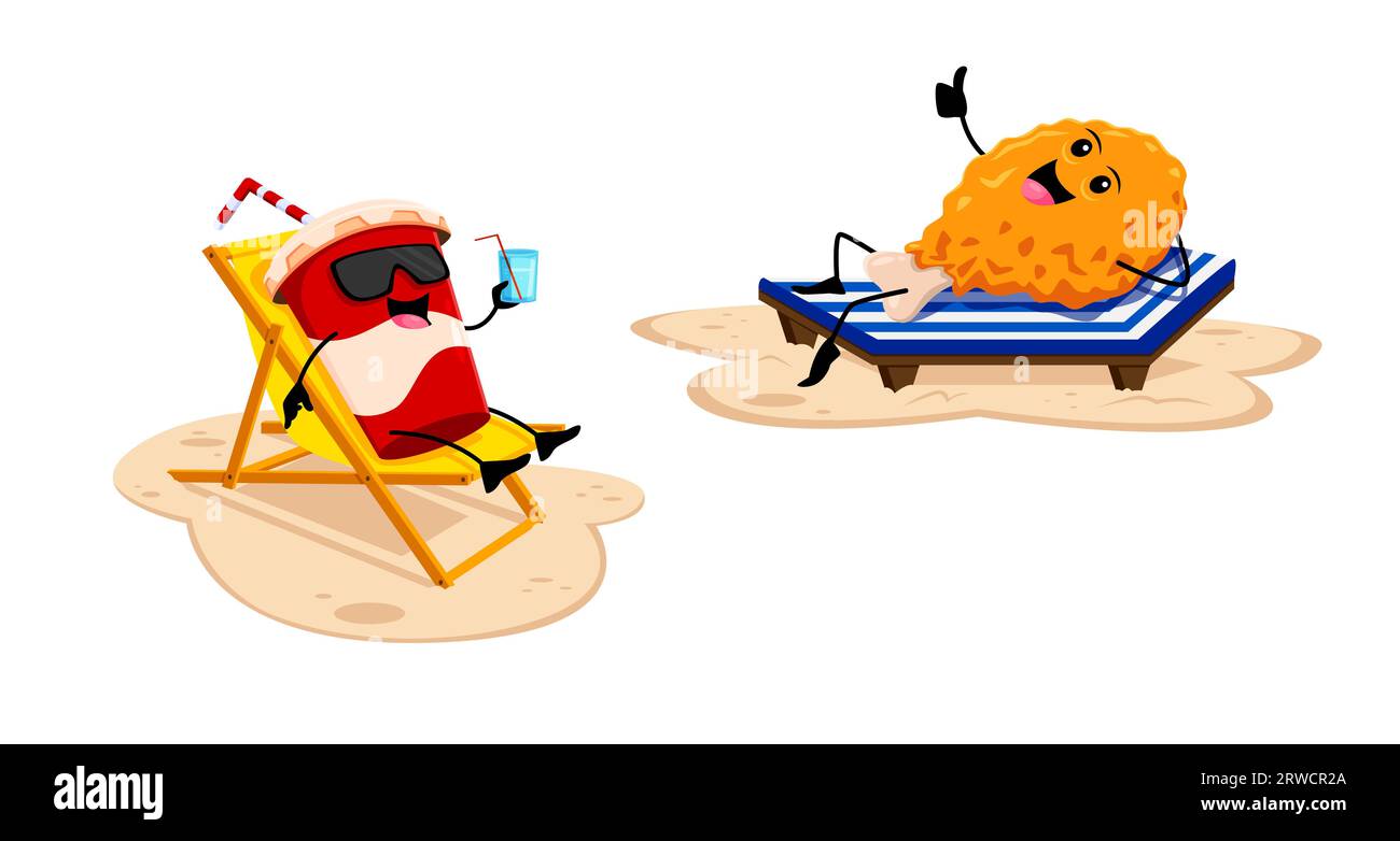 Cartoon Fast Food Chicken Leg und Limonade Charaktere beim Sonnenbaden am Strand. Fast Food Mahlzeit und Getränk nette Persönlichkeiten, Straßencafe Menü Limonade und Chicken Nuggets Vektor glückliche Charaktere im Urlaub Stock Vektor