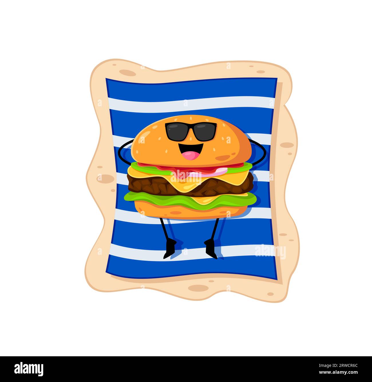Cartoon Fast Food Cheeseburger Charakter Sonnenbaden am Strand. Fast Food Menü Hamburger fröhliche Persönlichkeit, zum Mitnehmen Cafe Mahlzeit oder Junk Restaurant Burger Comic Vektor Charakter im Sommerurlaub Stock Vektor