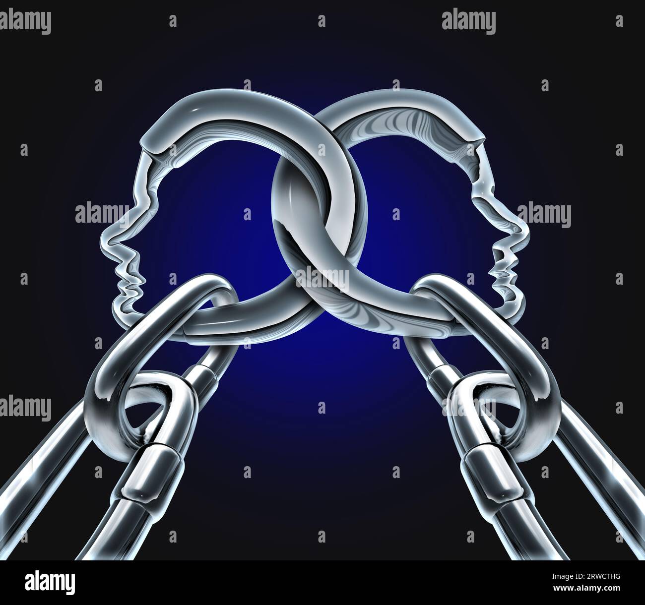Stärke in der Einheit und Partnerschaft mit Geschäftsgruppen als zwei Metallketten, die als dreidimensionaler menschlicher Kopf geformt sind, der in einem starken Teamnetzwerk miteinander verbunden ist Stockfoto