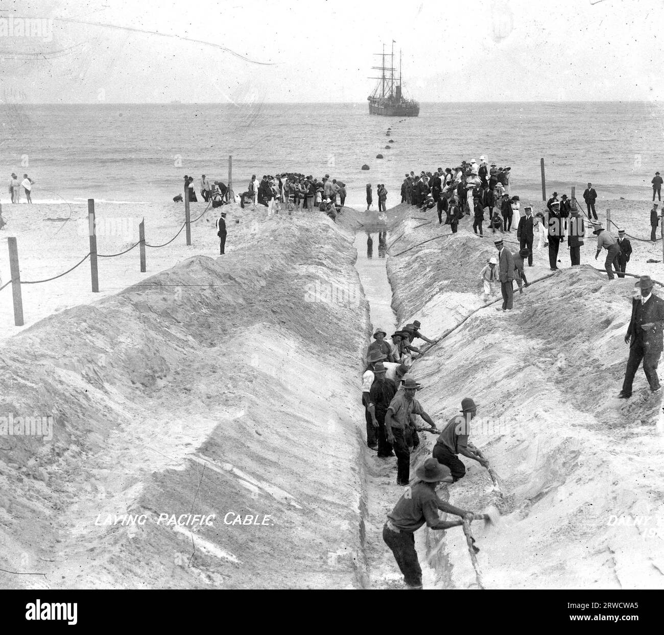 Männer am Bondi Beach, die das Pazifikkabel zwischen Australien und Neuseeland legen Stockfoto