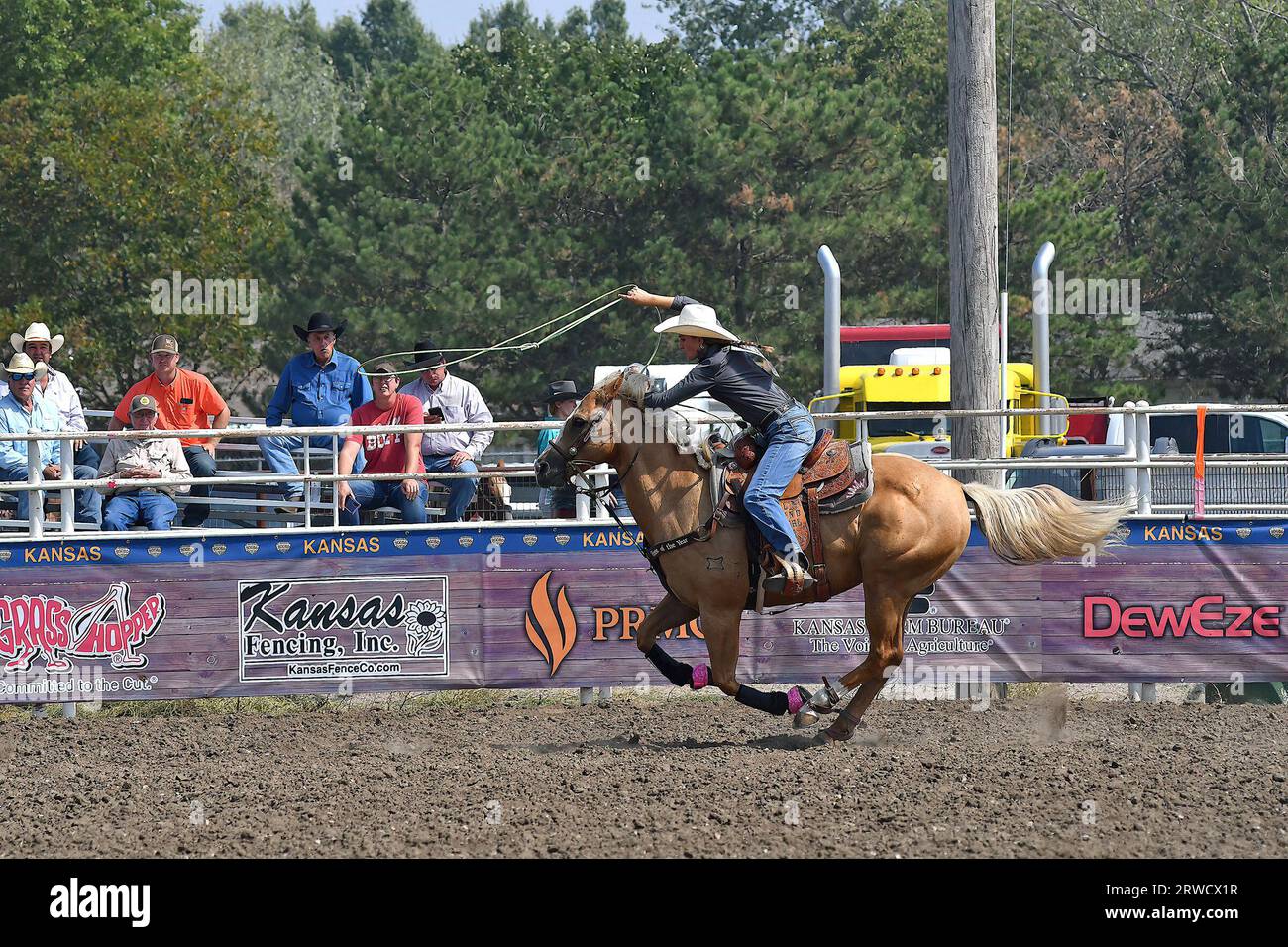 EMPORIA, KANSAS – 17. SEPTEMBER 2023 während des Breakaway-Roping-Events wird Shylar Whiting of Paola auf ihrem Pferd gesehen, während sie ihr Lasso wirbelt, während sie das Kalb in der Arena hinunterjagt Stockfoto