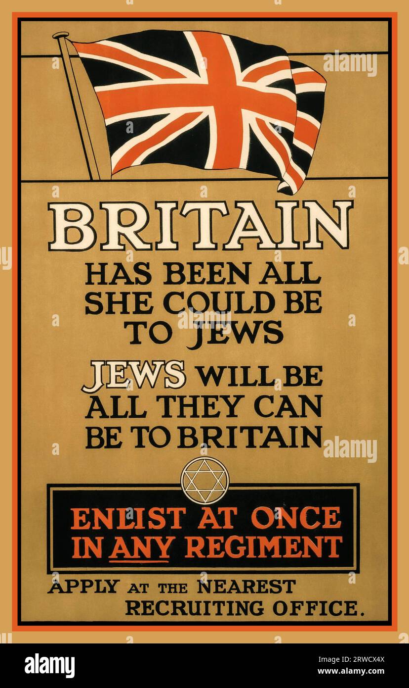 WW1 Propaganda Poster 'BRITAIN' war alles, was sie sein konnte, um Juden Rekrutierung Poster für Juden. Melden Sie sich sofort in jedem Regiment an 1915 1. Weltkrieg „Juden werden alles sein, was sie in Großbritannien sein können“ Stockfoto