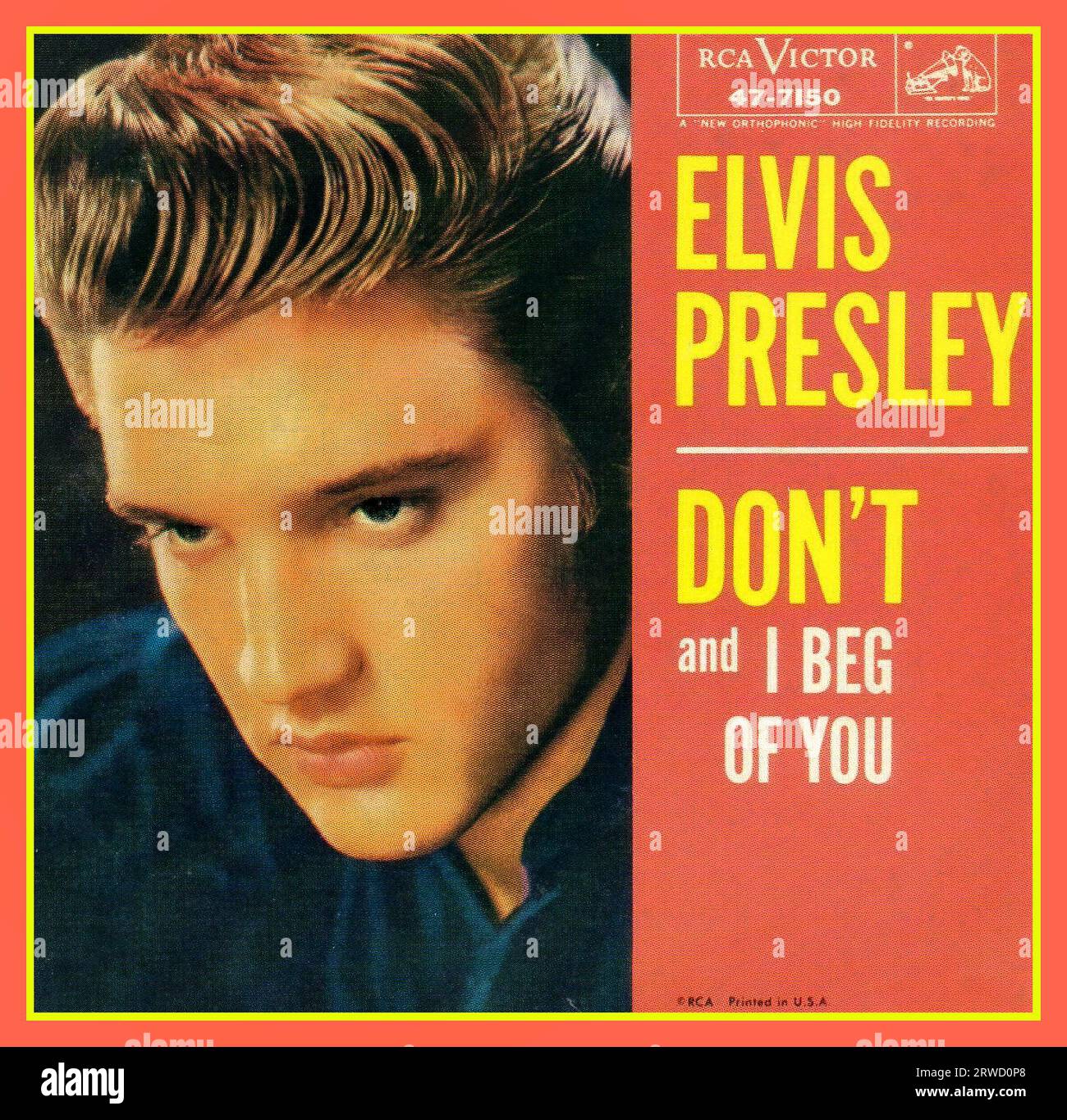 Vintage Elvis Presley Plattencover 'DON' & I Beg of You' RCA Victor High Fidelity Recording 'Don't' ist ein Lied, das von Elvis Presley aufgenommen und 1958 veröffentlicht wurde. Geschrieben und produziert von Jerry Leiber und Mike Stoller, war es Presleys elfter Nummer-eins-Hit in den Vereinigten Staaten. „Don't“ erreichte auch Platz vier der R&B-Charts. Billboard stufte die Ballade als den Song Nr. 3 für 1958 ein. Stockfoto