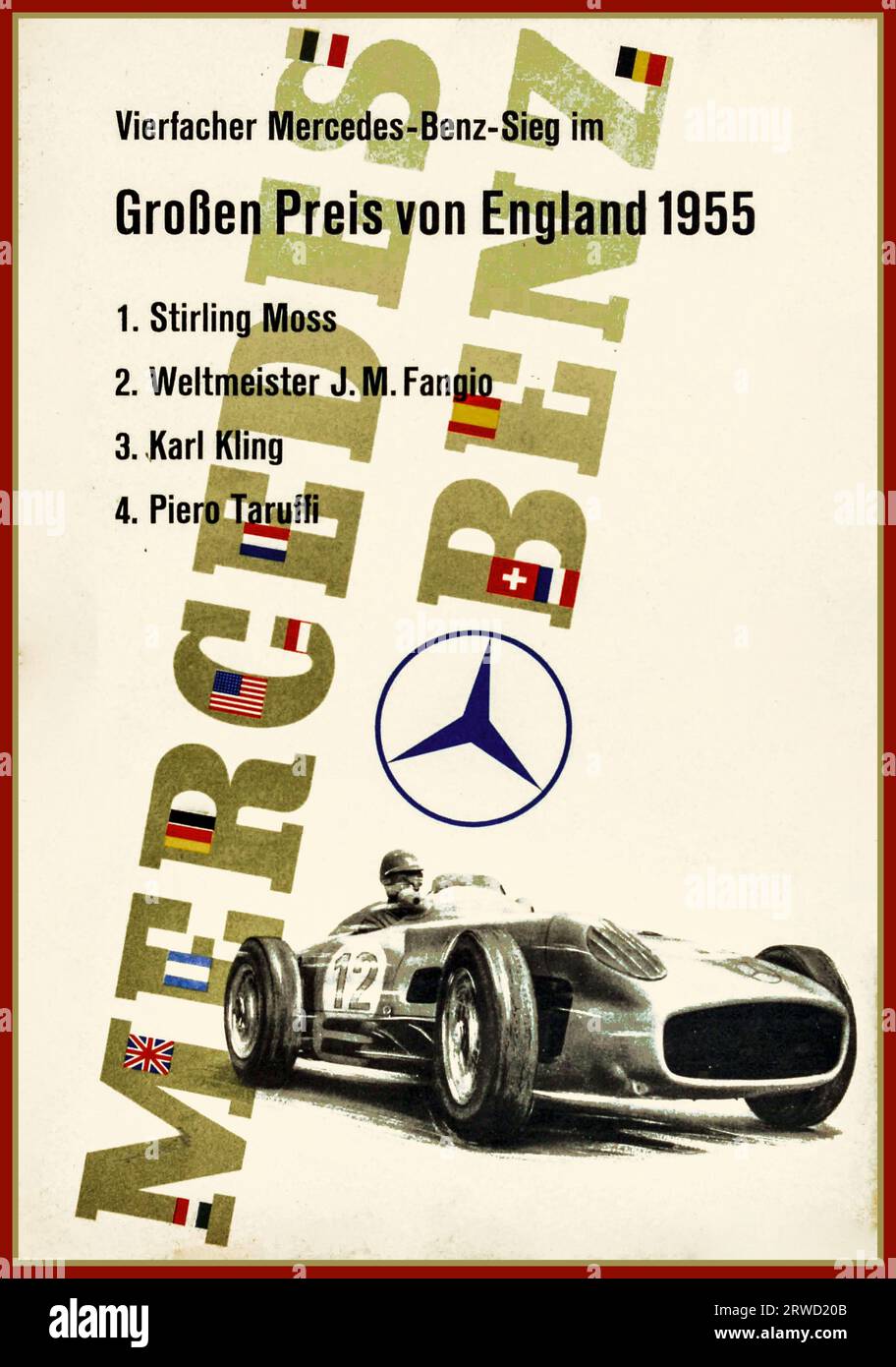 GRAND-PRIX-POSTER MERCEDES BENZ 1955 BRITISH GRAND PRIX FORMULA ONE Vintage 1955-Poster von Mercedes Benz zur Feier der vier Siege seiner Fahrer beim Grand Prix Vierfacher Mercedes-Benz-Sieg im Grossen Preis von England 1955 1. Stirling Moss (* 1929) gewann sein erstes Formel-1-Rennen; 2. Juan Manuel Fangio (1911-1995); 3. Karl Kling (1910-2003) und 4. Piero Taruffi (1906–1988) mit einem dynamischen Design, das ein schwarz-weißes Bild eines Mercedes Benz W196 Sportwagens der Nummer 12 zeigt, der unter dem britischen Grand Prix Formel-1-Rennen von Mercedes logo1955 W rast Stockfoto