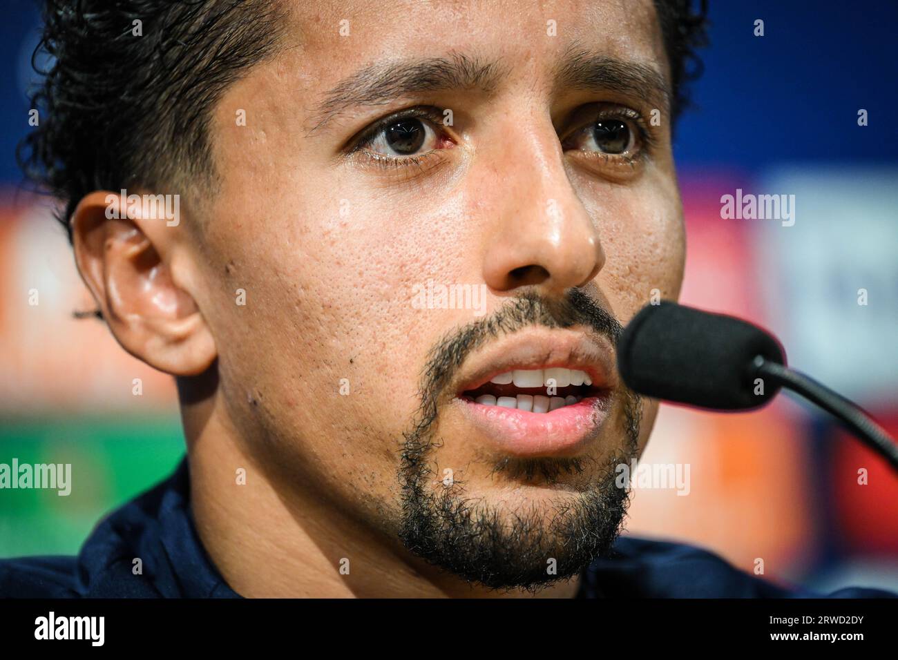 MARQUINHOS von PSG während der Pariser Saint-Germain-Pressekonferenz im Vorfeld der UEFA Champions League, Gruppe F Fußballspiel zwischen Paris Saint Germain und Borussia Dortmund am 18. September 2023 auf dem Campus PSG in Poissy, Frankreich Stockfoto