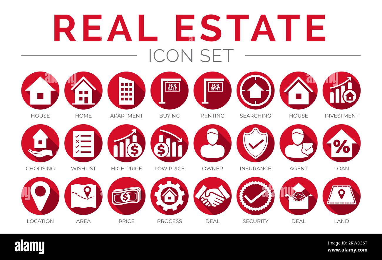 Red Flat Real Estate Round Icon Set von Haus, Haus, Wohnung, kaufen, mieten, Suchen, Investition, Auswählen, Wunschliste, Niedriger Hoher Preis, Eigentümer, Insu Stock Vektor