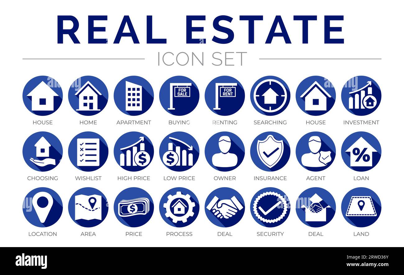 Blue Flat Real Estate Round Icon Set von Haus, Haus, Wohnung, kaufen, mieten, Suchen, Investition, Auswählen, Wunschliste, Niedriger Hoher Preis, Eigentümer, Ins Stock Vektor