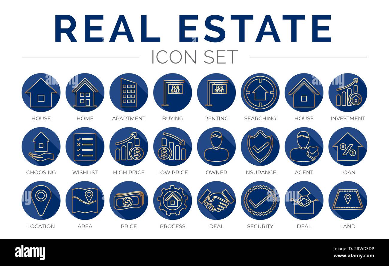 Blue Gold Outline Immobilien Runde Icon Set von Haus, Haus, Wohnung, Kauf, Miete, Suchen, Investition, Auswählen, Wunschliste, Niedriger Hoher Preis, Ow Stock Vektor