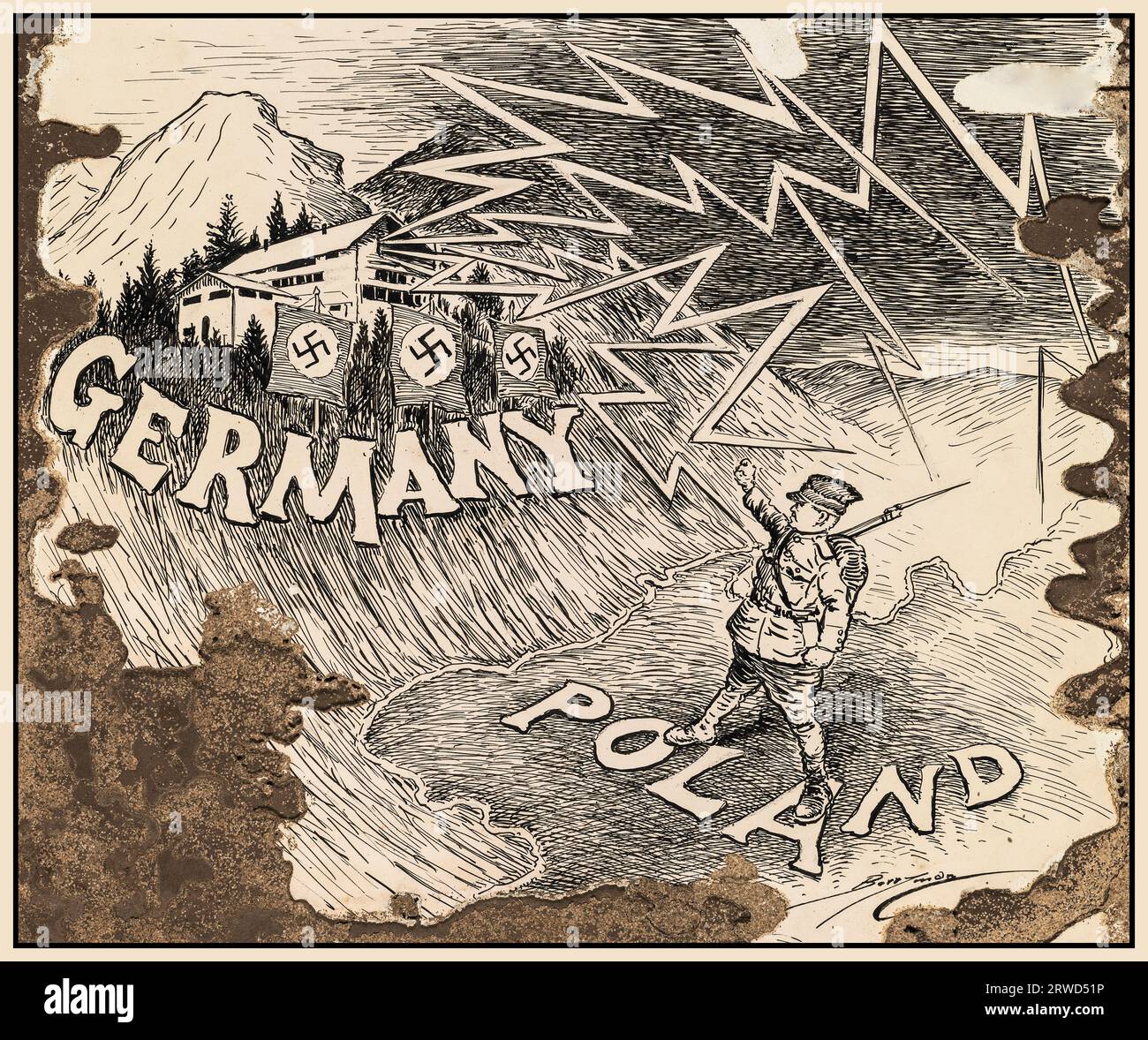 1930er Jahre Propaganda Poster Deutschland Polen mit polnischem Soldat, der im bayerischen BERGHOF-Haus Adolf Hitlers mit Hakenkreuz-Fahnen vor der Tür die Faust schüttelte. Obersalzberg Bayern Nazi-Deutschland Stockfoto